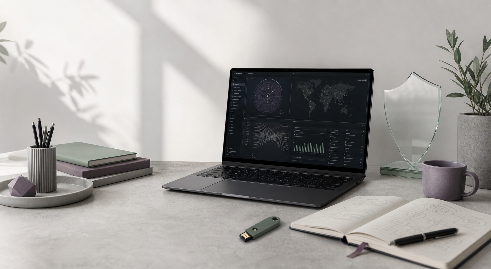 Cybersecurity workstation with a laptop, shield sculpture, notebook, and hardware security key